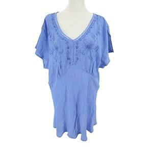 Faded Glory Boho Embroidered Tunic Blouse Blue Short Sleeve Womens 22W 24W NWT